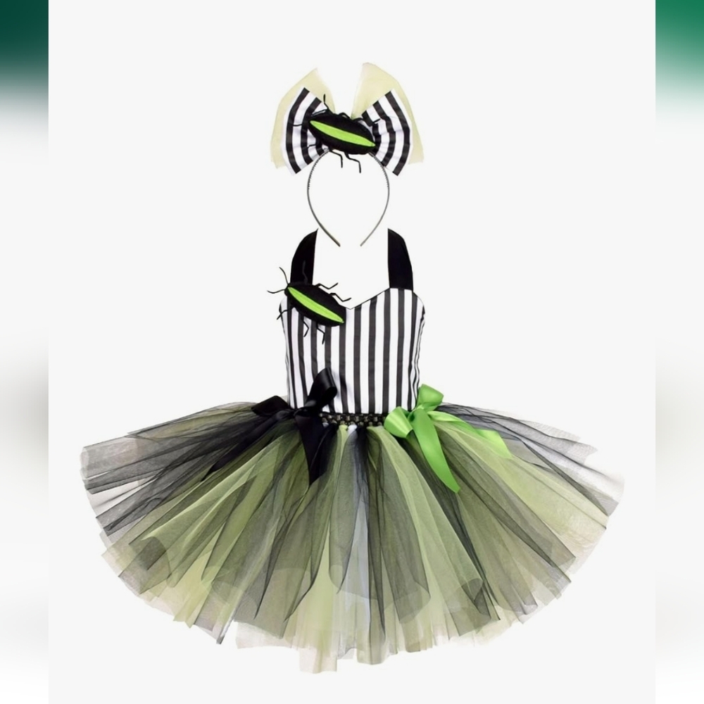 IBTOM Castle Green Black White Striped Tulle Girls Halloween Dress Costume NIB